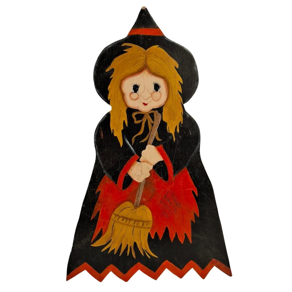 Vtg Hand-Painted Primitive Wooden Halloween Witch Folk Art 16" Tall Shows Wear
